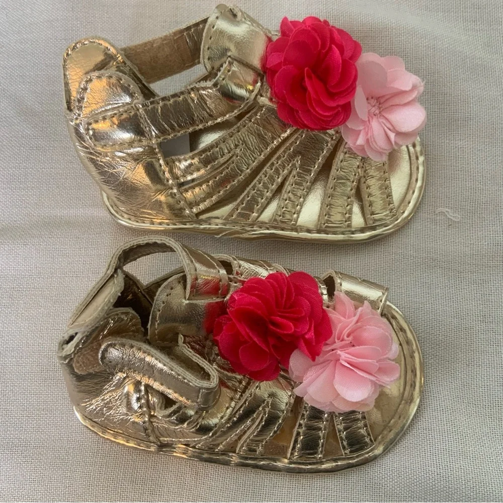Baby Girl Metallic Gold Cage Sandals with Large Flower Embellishments
